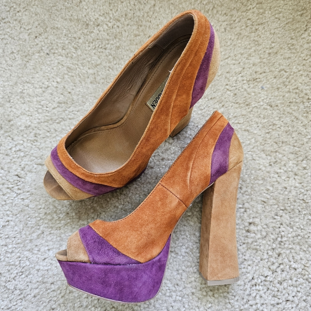 Steve Madden Gaayle suede peep toe platform chunky pumps purple brown 70s 9